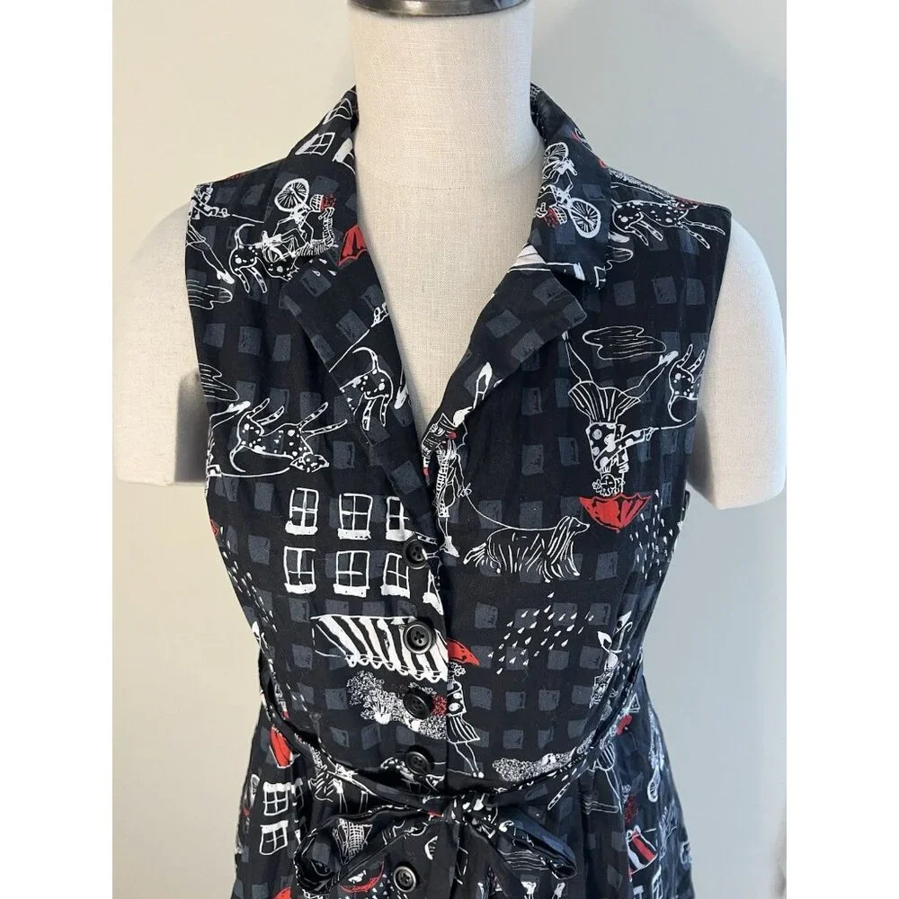 ModCloth Dress L Black Cotton Button Front Fit & Flare Novelty Print Belted - Picture 3 of 11
